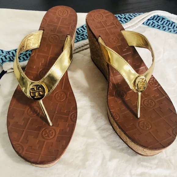 Tory Burch Shoes - Tory Burch Gold Metallic Wedge Logo Sandals 10 M